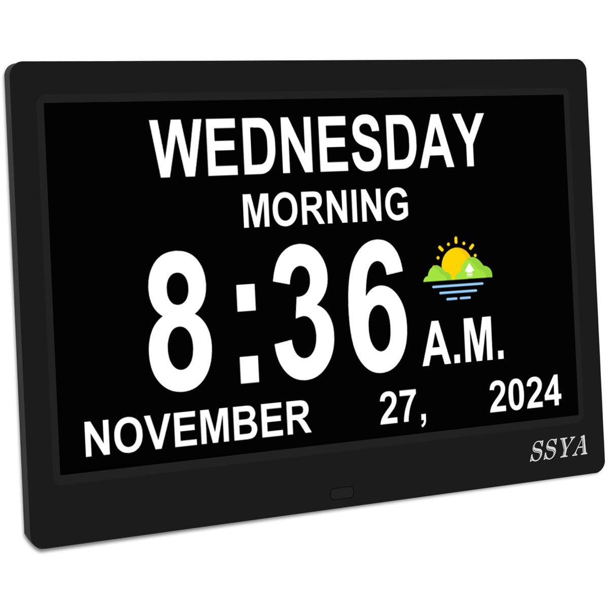 SSYA 7 Inch Calendar Clock - 12 Alarm Options, Level 5 Auto Dimmable Display,Extra Large Impaired Vision Digital Clock with Non-Abbreviated Day & Month (Black)
