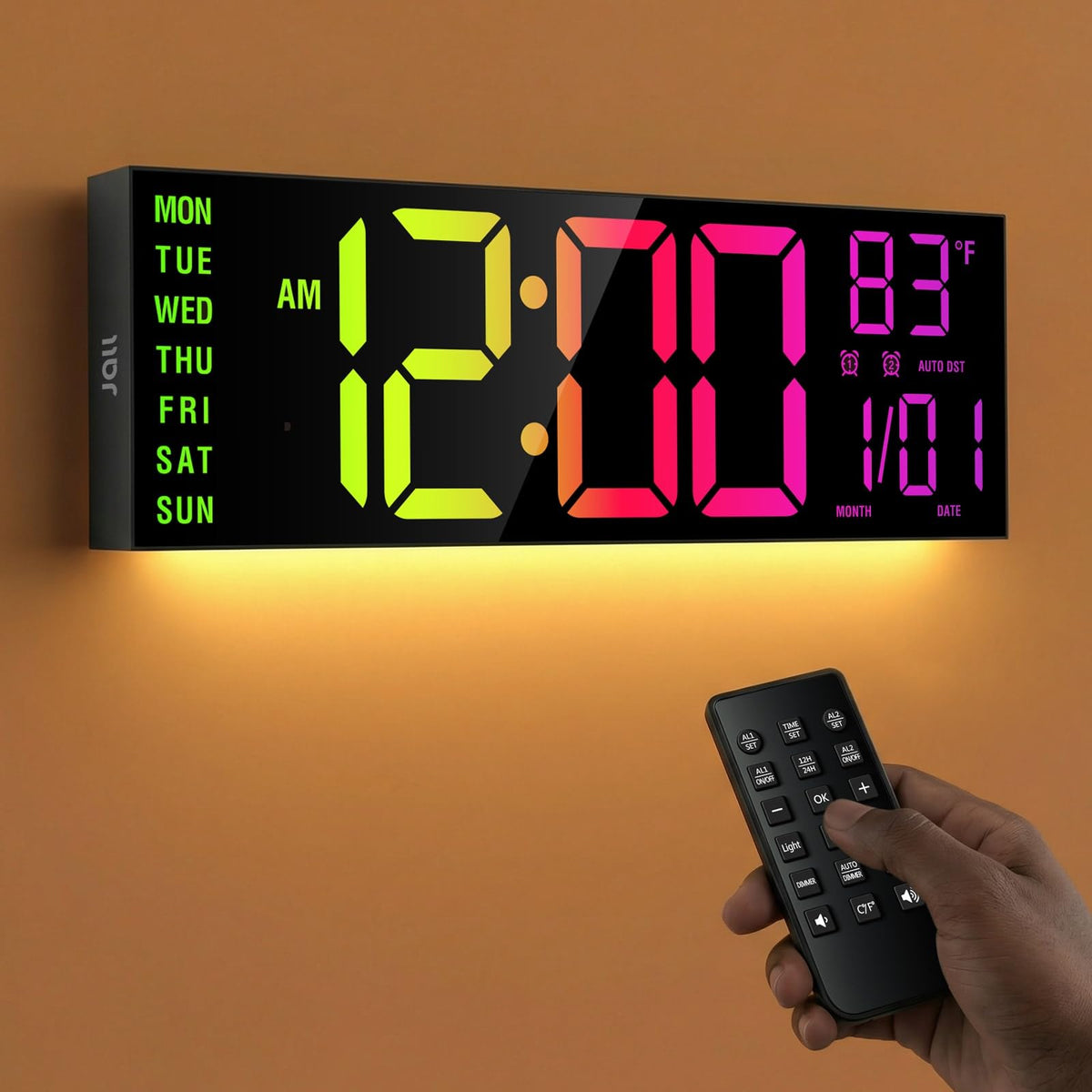 JALL Large Digital Wall Clock Battery Operated, Wall Clock with Big Numbers LCD Display, Digital Clock with Date Day Temperature, Alarm, Auto DST, Clocks for Classroom, Office, Bedroom, Elderly- Black