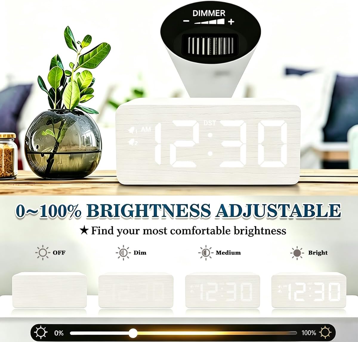 URAYCO Wooden Digital Alarm Clock, 10W Fast Wireless Charger Station & 2 USB Charging Ports, with 0~99% Dimmer, Dual Alarm, Weekday/Weekend Mode, Wood LED Clock for Bedroom, Desk, Office