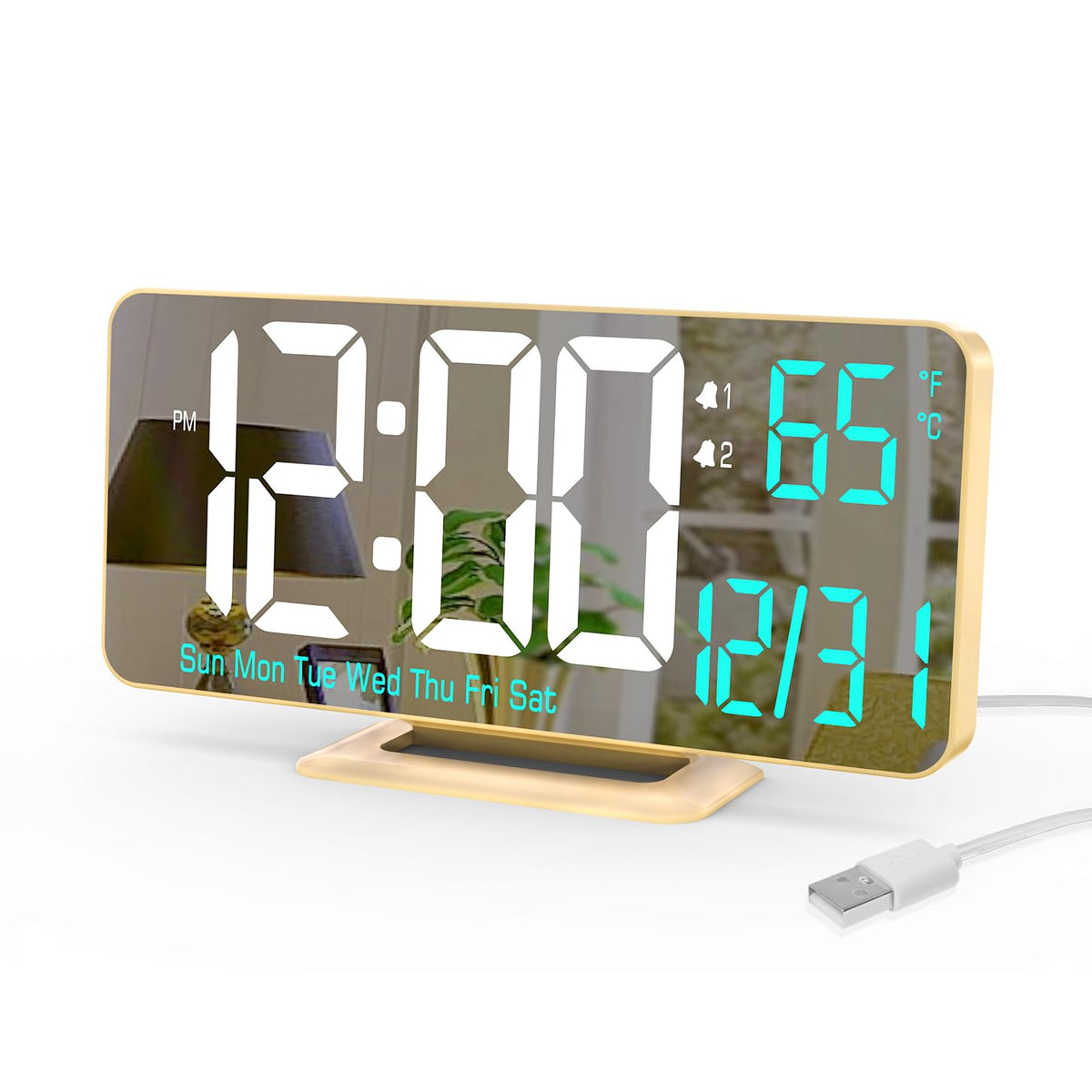 KOSUMOSU Alarm Clock for Bedroom, 6.7" Led Desk Digital Clock,Mirror Clock,Dual Alarm Clock for Living Room with Seconds,Date,Week,12/24h,Dimming,Temp