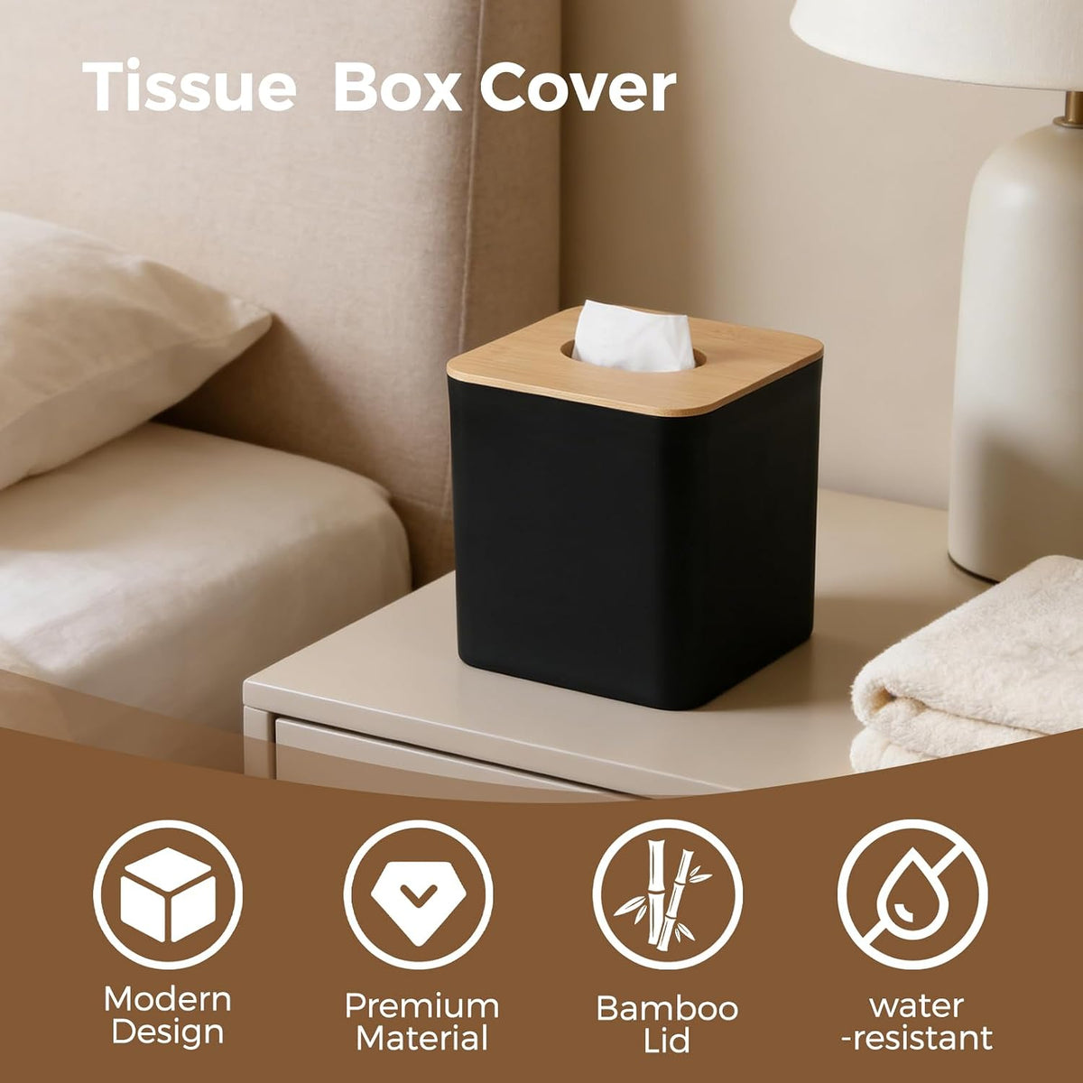 Tissue Box Cover Square, Modern Black Facial Tissue Holder with Bamboo Lid