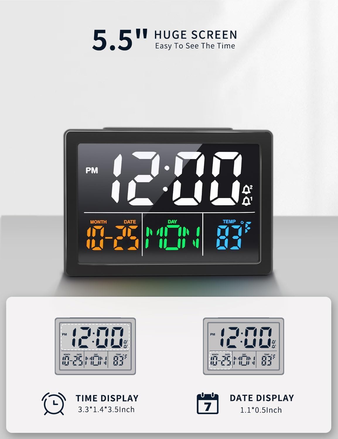 JALL Digital Clock with Date Day for Seniors, Electric Alarm Clocks for Bedrooms with Temperature, 2 Alarms, Dimmer, Dual USB Charger, Battery Backup, Volume Control, Snooze, Bedside Desk Clock, Black