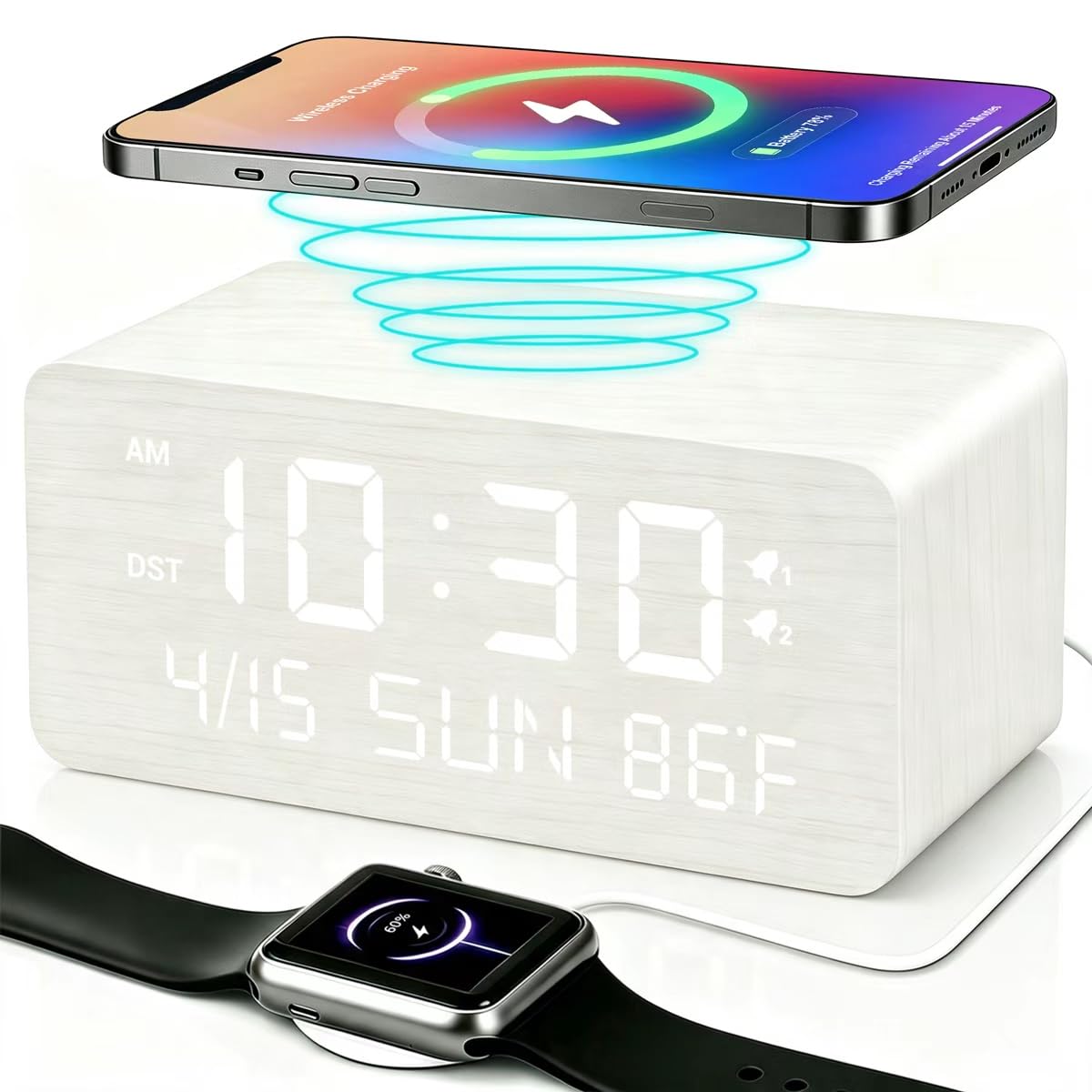 Premium Brown Wooden Digital Alarm Clock with Wireless Phone Charger, Dual USB Charging Ports, Dimmable LED Display, Date and Day of Week, Small Digital Desk Clock for Bedroom Nightstand Bedside Table