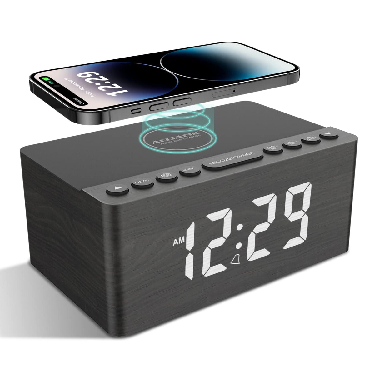 ANJANK Wooden Digital LED Alarm Clock FM Radio, Fast Wireless Charger Station for iPhone/Samsung Galaxy, 5 Level Dimmer, USB Charging Port, 9 Sounds, Sleep Timer for Bedroom, Bedside, Desk