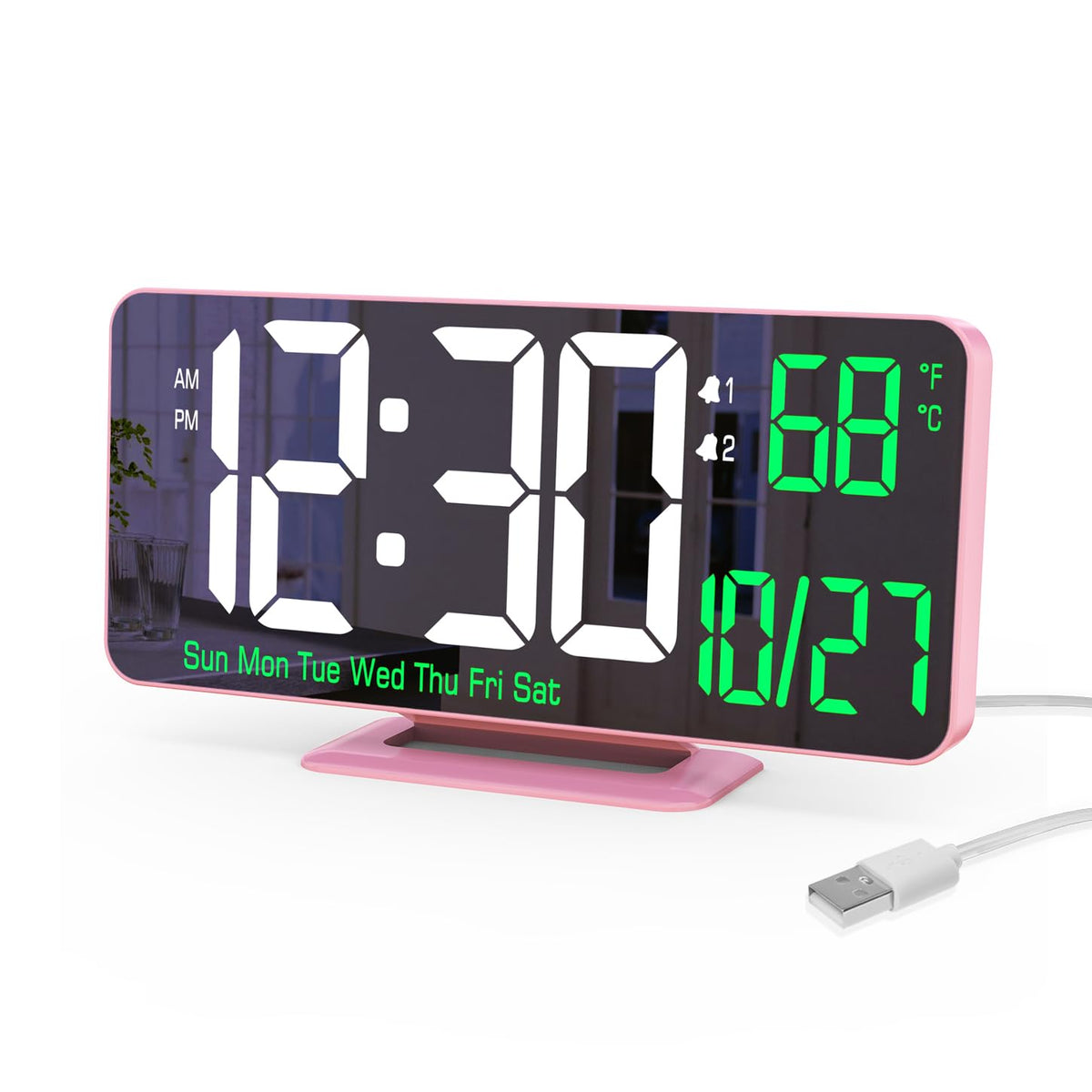 KOSUMOSU Alarm Clock for Bedroom, 6.7" Led Desk Digital Clock,Mirror Clock,Dual Alarm Clock for Living Room with Seconds,Date,Week,12/24h,Dimming,Temp