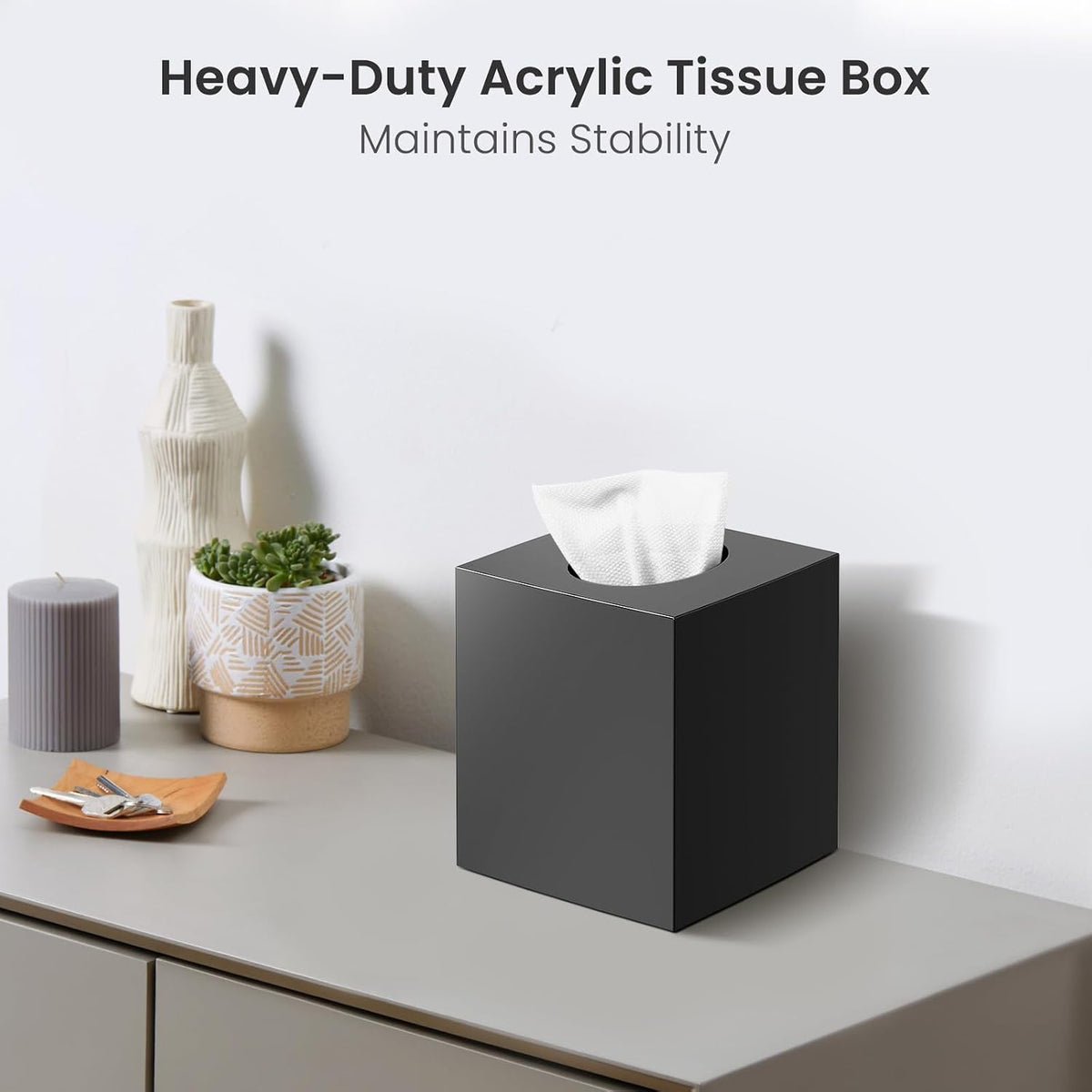 Tissue Box Cover, Square Plastic Tissue Holder with Non-Slip Base, Black