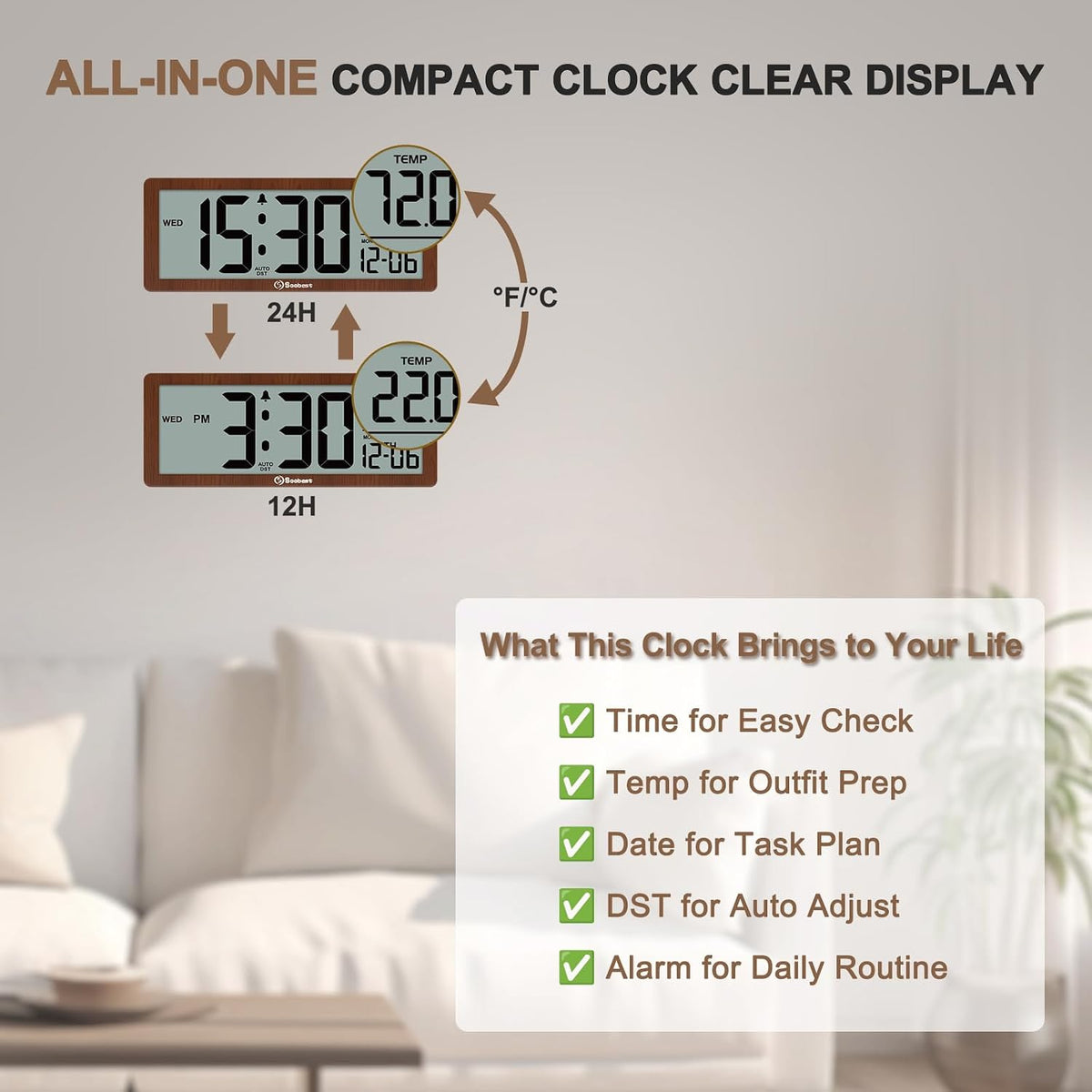 Soobest 8.5 Inch Digital Wall Clock Battery Operated, Compact Display
