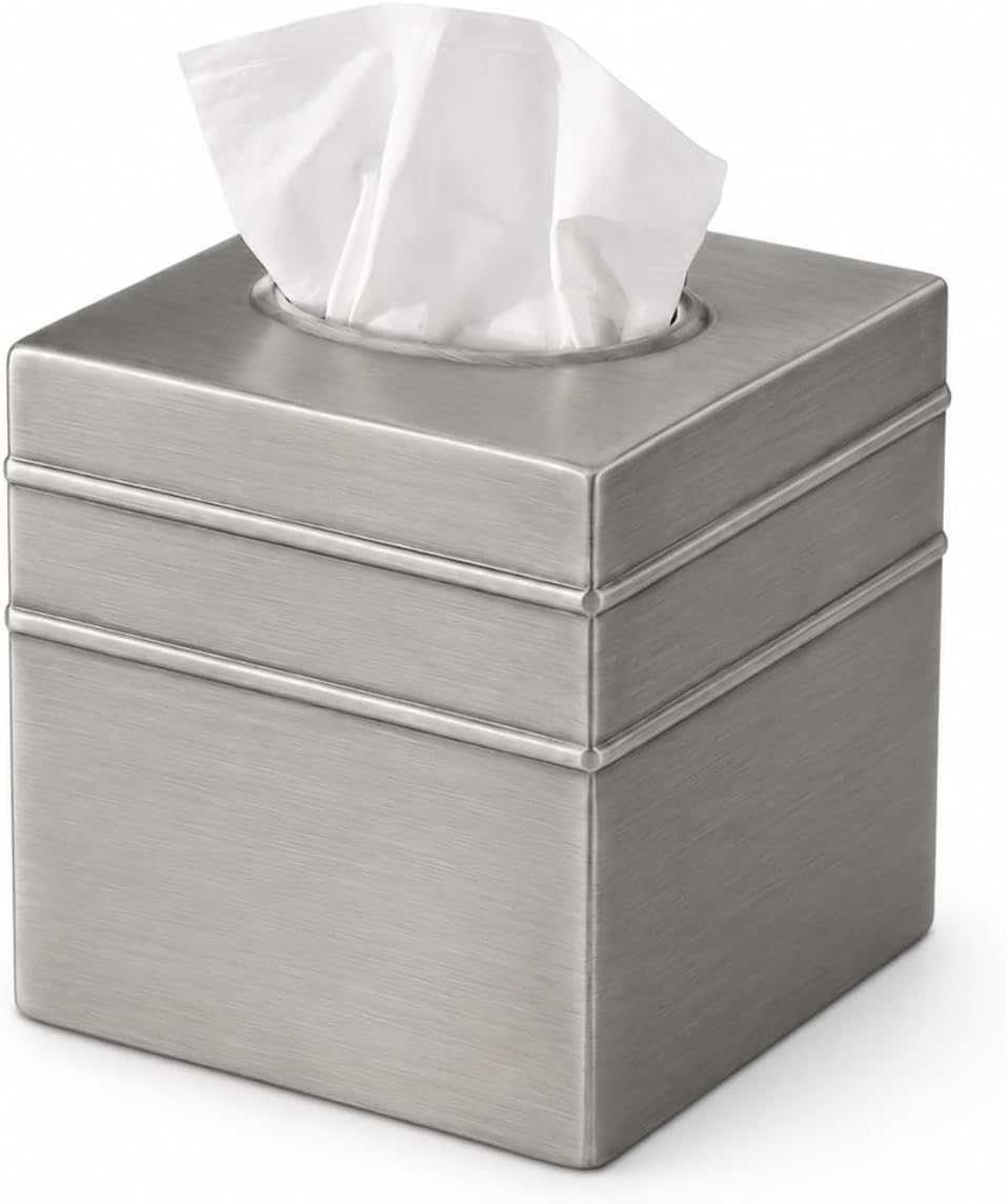Monarch Abode Tissue Box Cover Square – Handcrafted Border Embossed Pewter Metal Tissue Holder Box for Bathroom Accessory, Aesthetic Decorative Facial Napkin Cube for Modern Home Decor