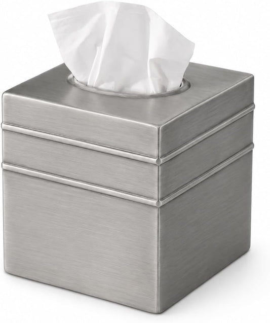 Monarch Abode Tissue Box Cover Square – Handcrafted Border Embossed Pewter Metal Tissue Holder Box for Bathroom Accessory, Aesthetic Decorative Facial Napkin Cube for Modern Home Decor