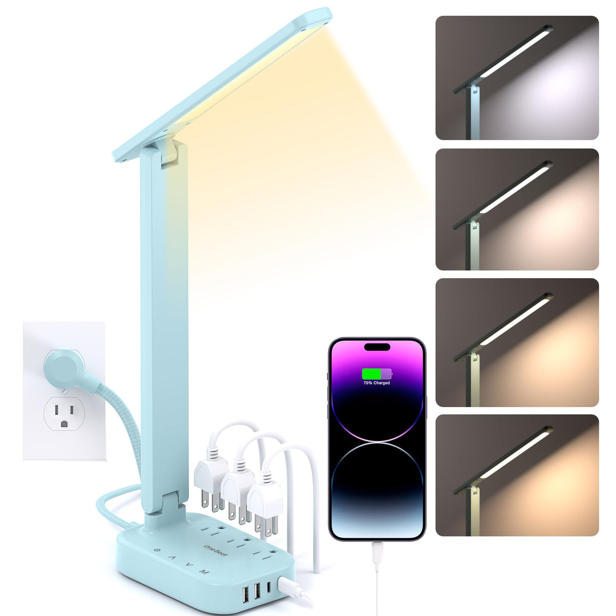 One Beat Small LED Desk Lamp Power Strip 5ft Extension Cord with 3 Outlets 4 USB Ports(2 USB C), 4 Modes, 5 Level Touch Lamp Study Reading Light, Home Office Bedroom College Dorm Room Essentials,White