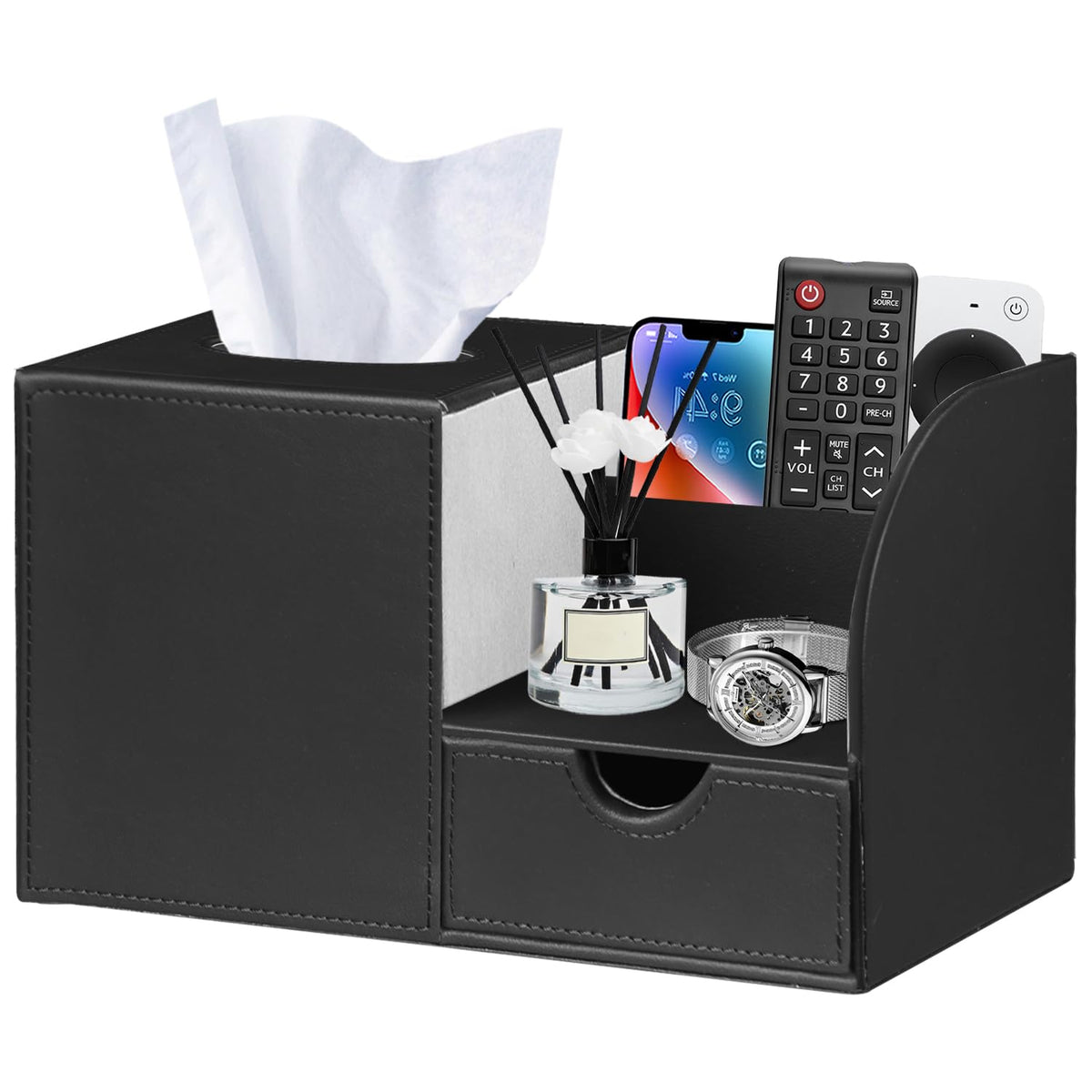 Nightstand Organizer with Tissue Holder,PU Leather Square Tissue Box Cover