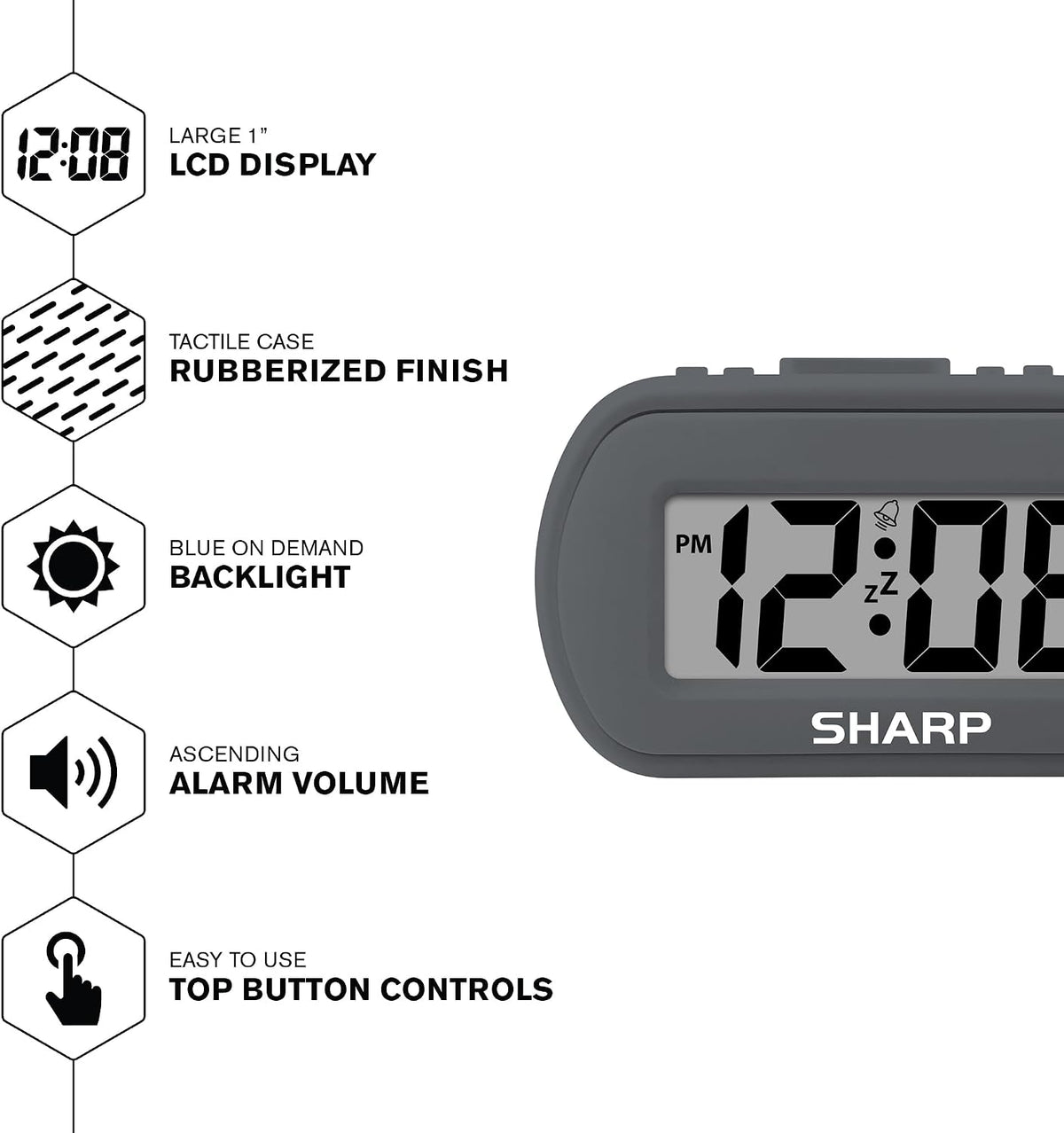 Sharp Battery Alarm Clock, Soft-Touch Case and Backlight, Charcoal Black