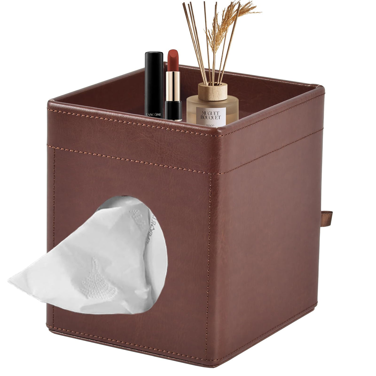 Tissue Box Cover Square Tissue Box Holder PU Leather Facial Tissues Organizer with Storage Tray for Bathroom Vanity Bedroom Office Car, Stylish Napkin Caddy Decorative Organizer (Black)