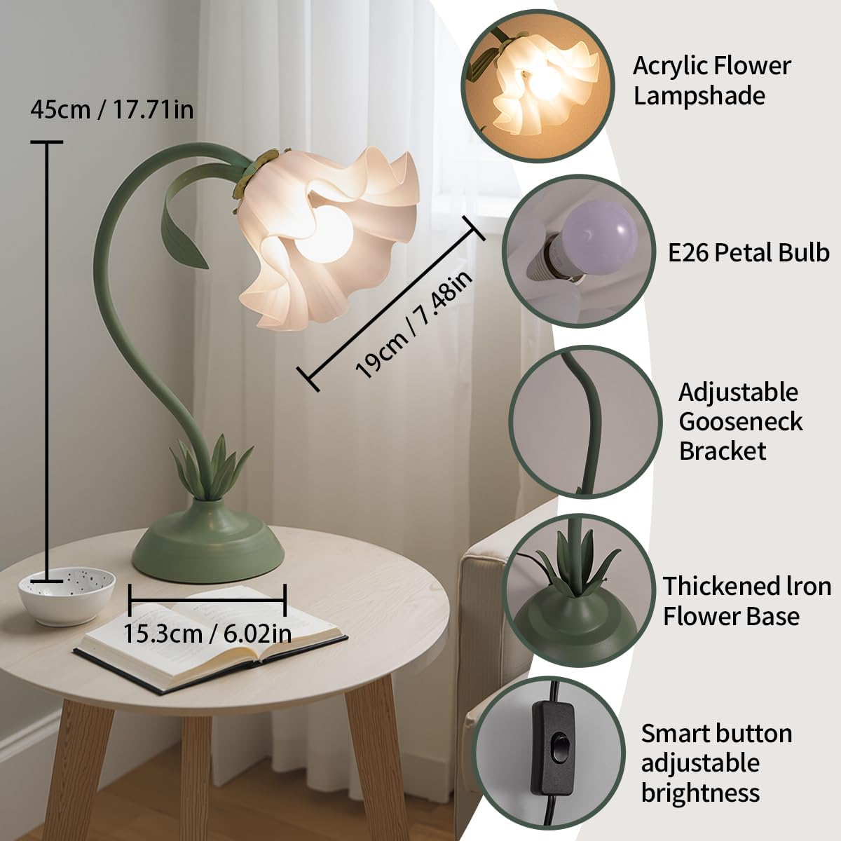 NewAoNaSen Flower Table Lamp Cute Lily Desk Lamp Bedside Night Light -Green