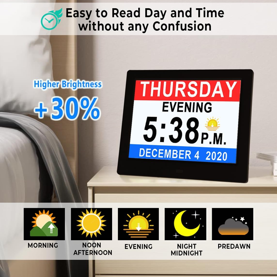 Véfaîî 19 Alarms Dementia Clock 8 Inch Large Display, Auto DST, 10 Levels Auto Dimmable, Non-Abbreviated Date and Day Calendar Clock for Seniors, with Power Adaptor, Picture Frame Feature