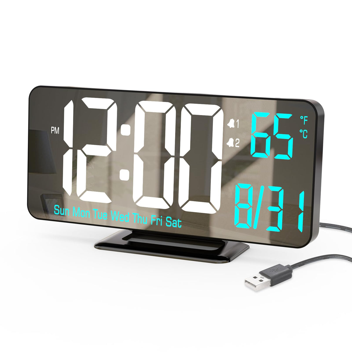 KOSUMOSU Alarm Clock for Bedroom, 6.7" Led Desk Digital Clock,Mirror Clock,Dual Alarm Clock for Living Room with Seconds,Date,Week,12/24h,Dimming,Temp