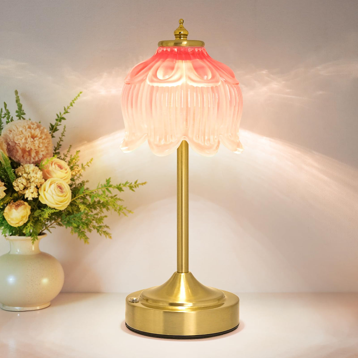 Cordless Table Lamp, Rechargeable Amber Glass Lotus Flower Lamp