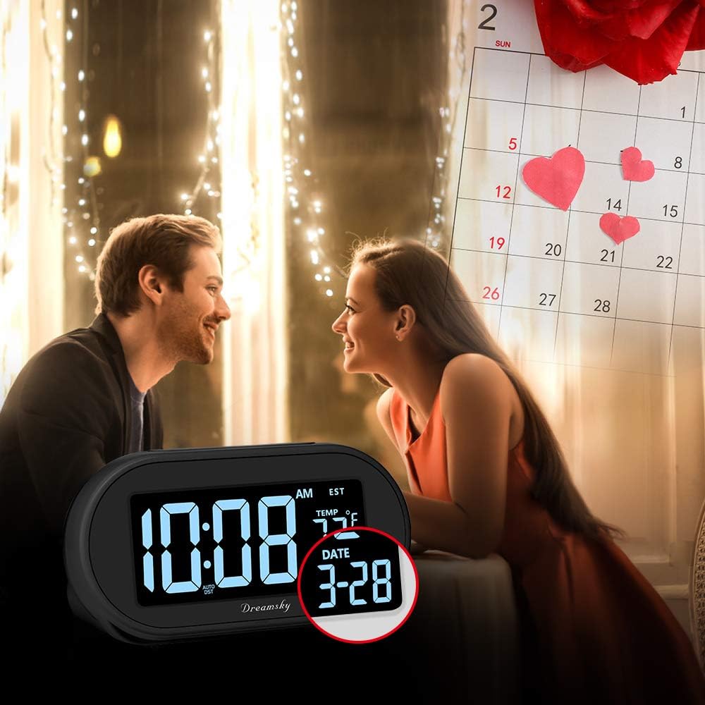 DreamSky Alarm Clocks for Bedrooms, Auto Set Digital Clock with Date & Temp