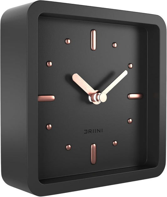 Driini Small Square Modern Desk Clock – Silent Analog, Black and Rose Gold