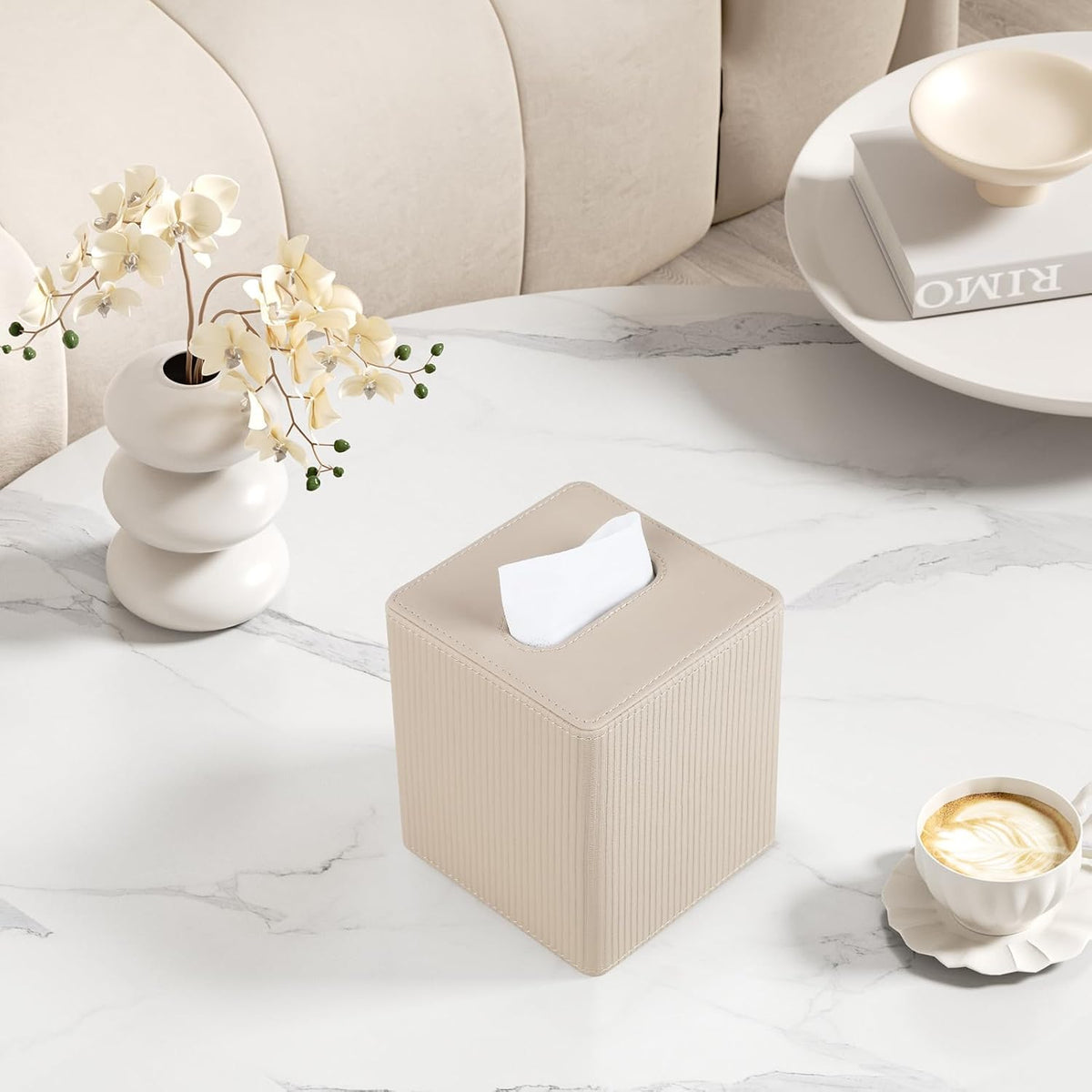 PU Leather Square Tissue Box Cover Tissue Box Holder Cube (Beige)