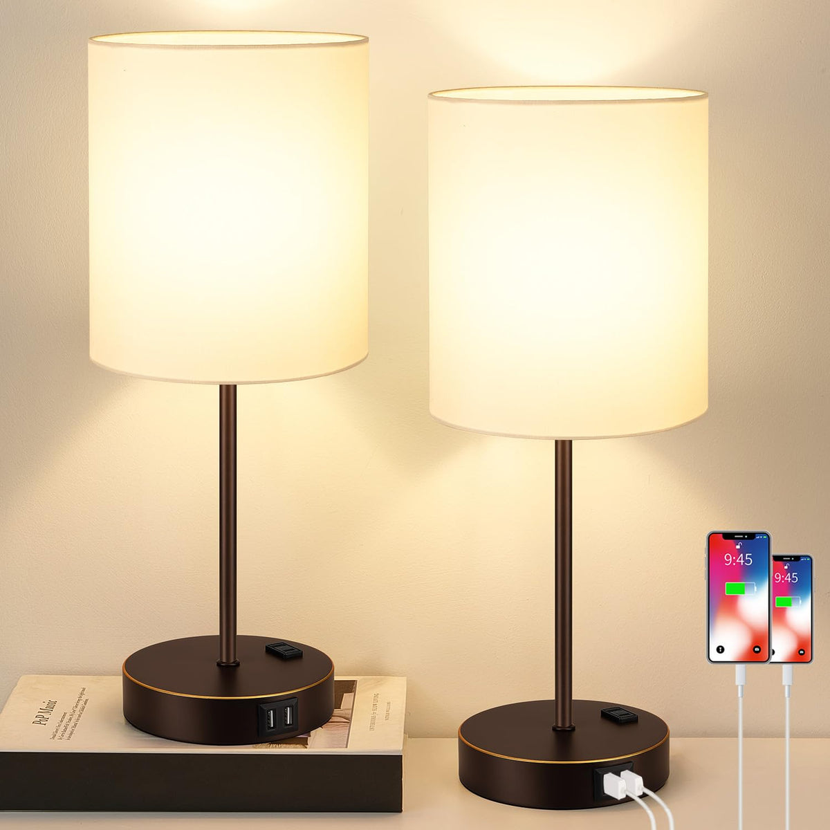 Set of 2 Touch Control Table Lamps with 2 USB & AC Outlet, 3-Way Dimmable Bedside Nightstand Lamps for Bedroom Living Room Nursery, 800 Lumens 5000K Daylight Bulbs Included