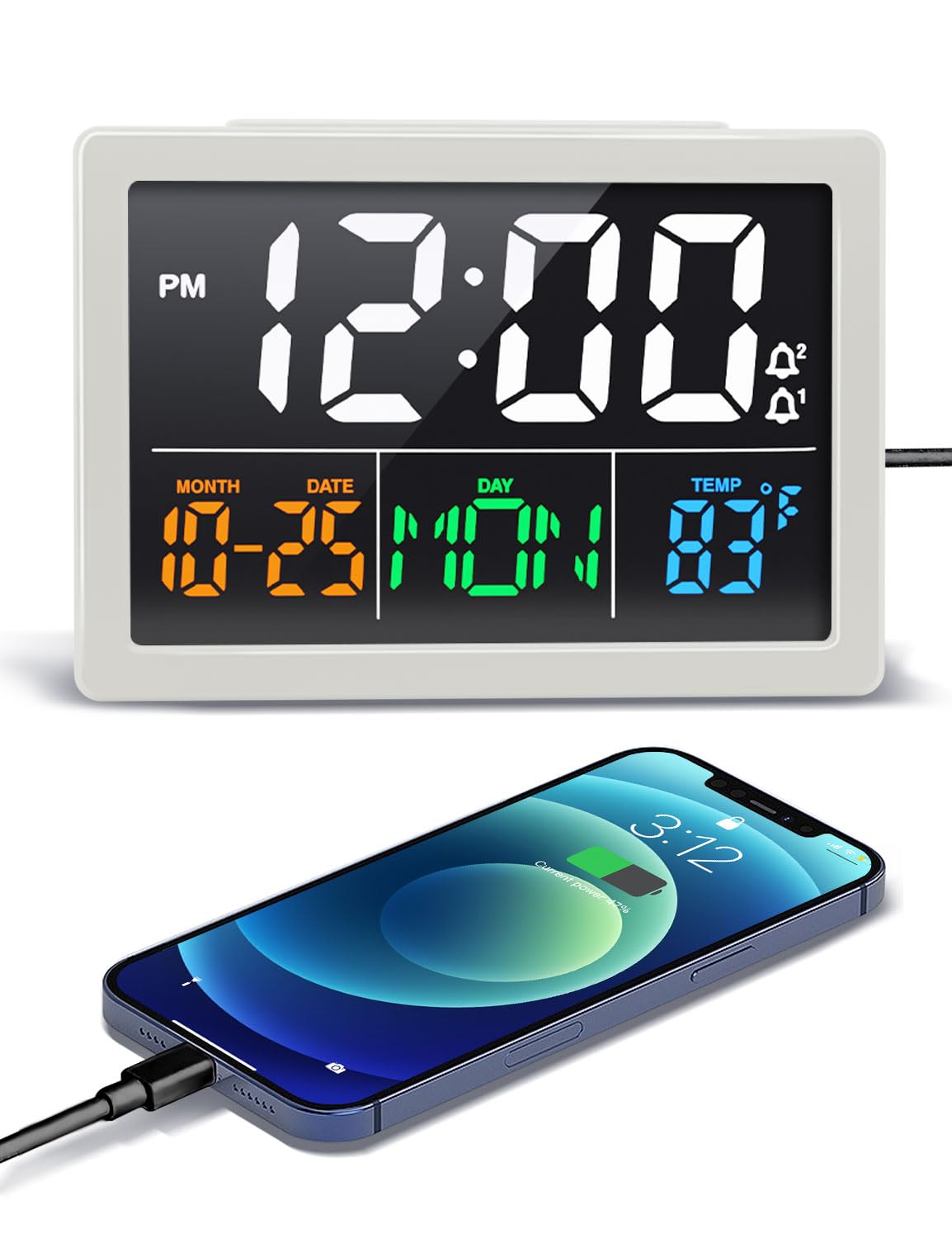 JALL Digital Clock with Date Day for Seniors, Electric Alarm Clocks for Bedrooms with Temperature, 2 Alarms, Dimmer, Dual USB Charger, Battery Backup, Volume Control, Snooze, Bedside Desk Clock, Black