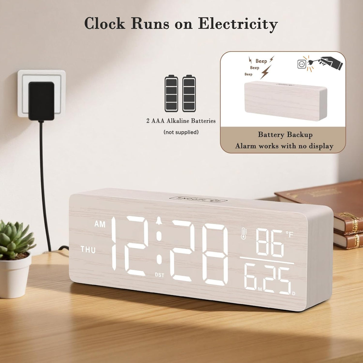 DreamSky Wooden Digital Alarm Clock with Date & Day of Week for Bedroom