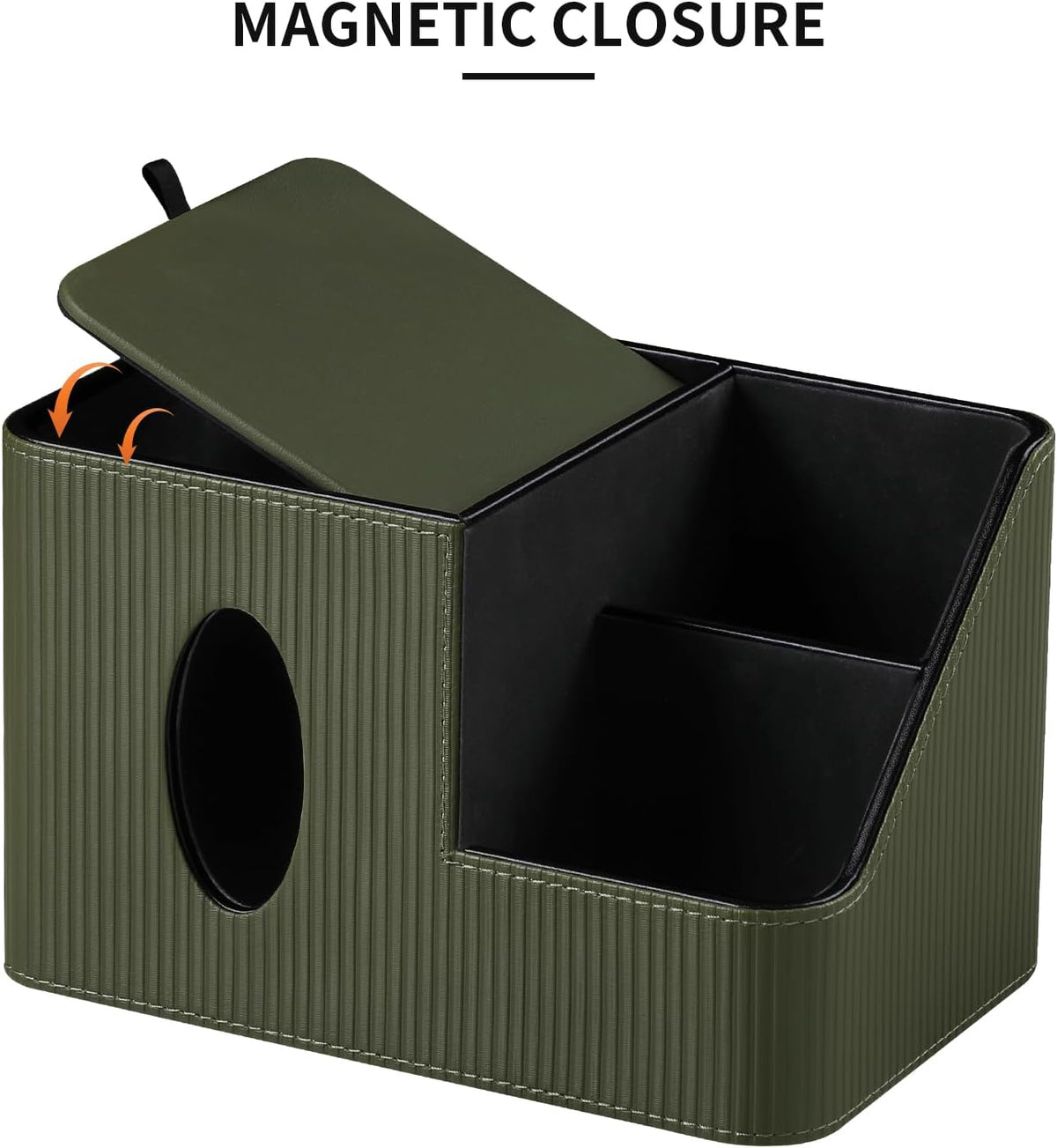 PU Leather Square Tissue Box Cover with Magnetic Closure, Tissue Holder with Storage Tray & Remote Control Organizer, for Nightstand, Living Room, Bathroom, Office Desk (Green Stripes)