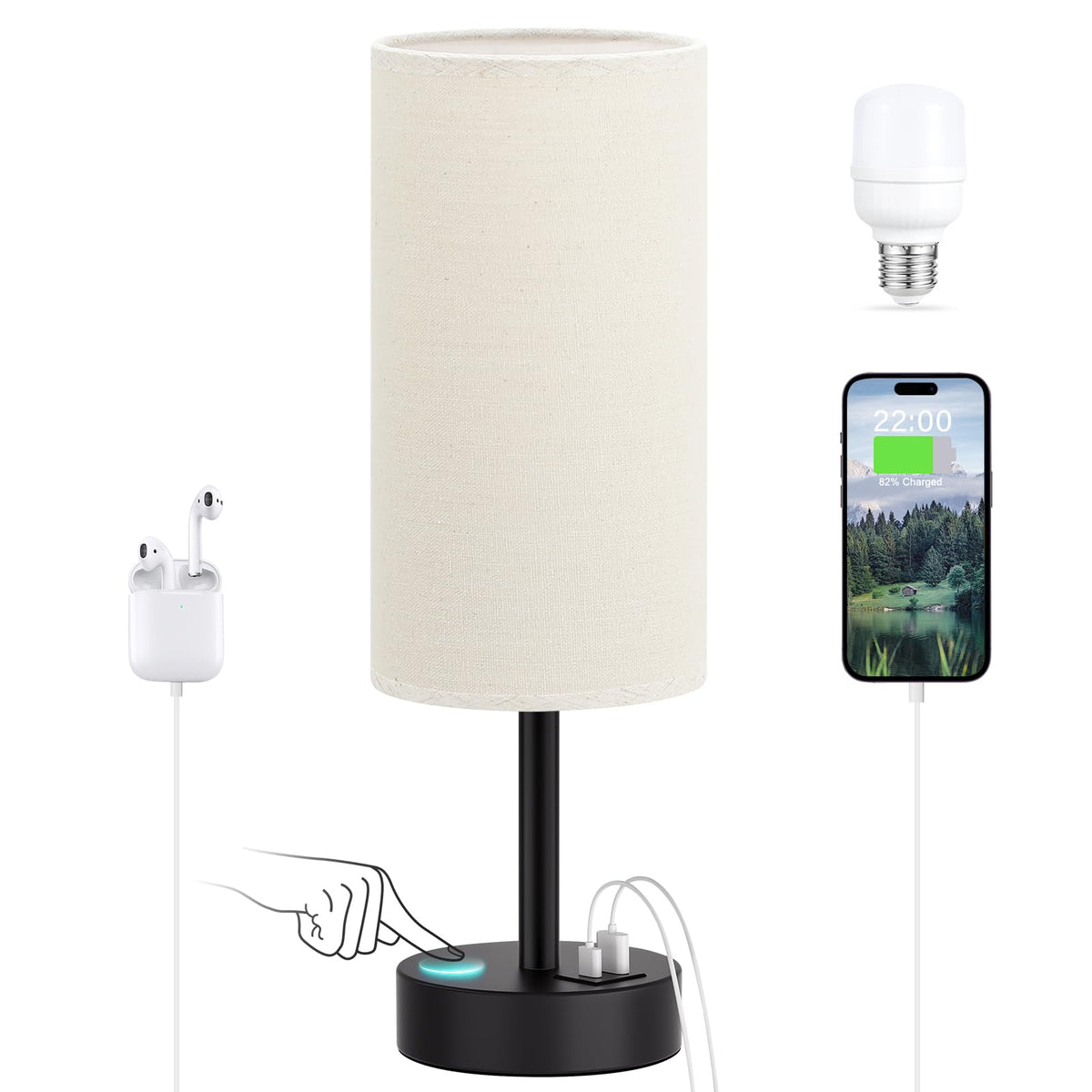 Dicoool Bedside Table Lamp for Bedroom - 3-Way Dimmable Touch Lamp, USB A+C