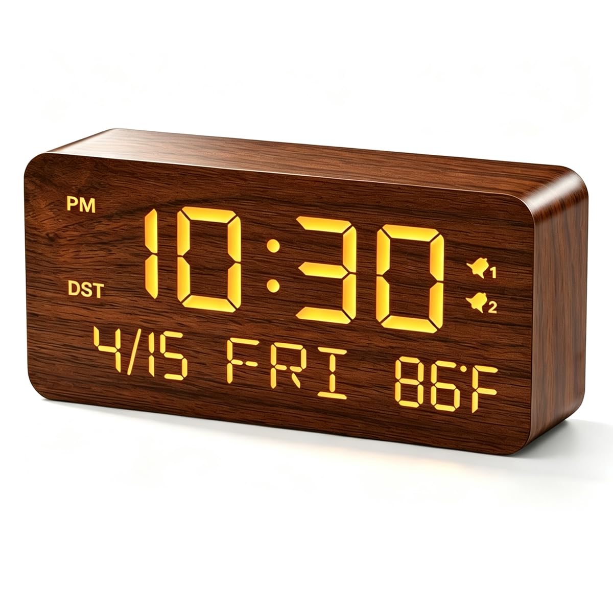 Premium Wooden Digital Alarm Clock with USB Charging Ports, Dimmable LED Display, Date, Day of Week, Temperature, DST, Clocks for Bedrooms, Desk, Nightstand, Bedside, Table, Office, Living Room Decor