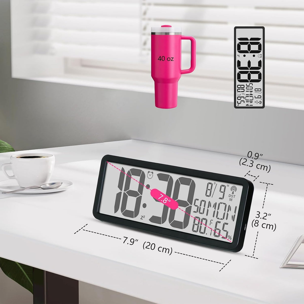 Digital LCD Atomic Desktop Clock, 7.8" Screen with Time, Date, Temperature, Humidity, Alarm, Snooze, DST, Time Zone for Home, Office (No Backlight)