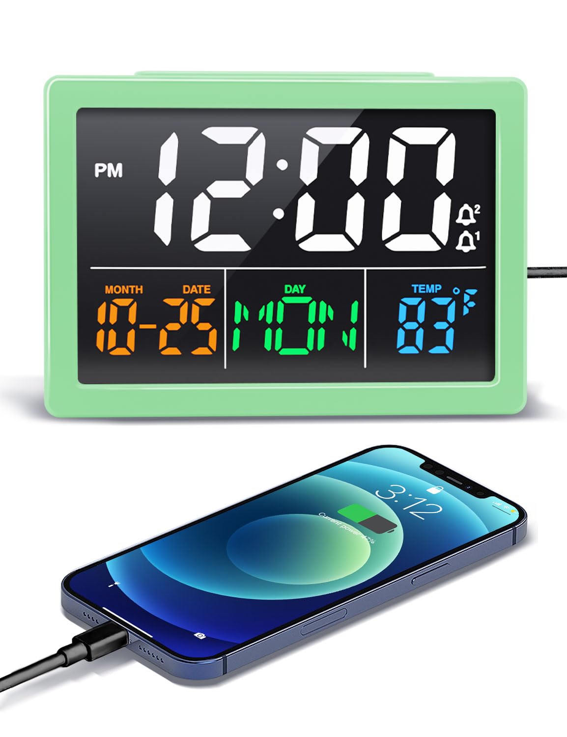 JALL Digital Clock with Date Day for Seniors, Electric Alarm Clocks for Bedrooms with Temperature, 2 Alarms, Dimmer, Dual USB Charger, Battery Backup, Volume Control, Snooze, Bedside Desk Clock, Black