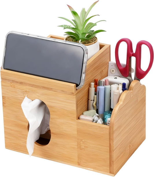 Wooden Tissue Box Cover with Storage Tray, Multifunctional Square Tissue Holder with Storage Remote Control, Makeup Organizer and Phone Holder for Bathroom Desktop Living Room Bedroom