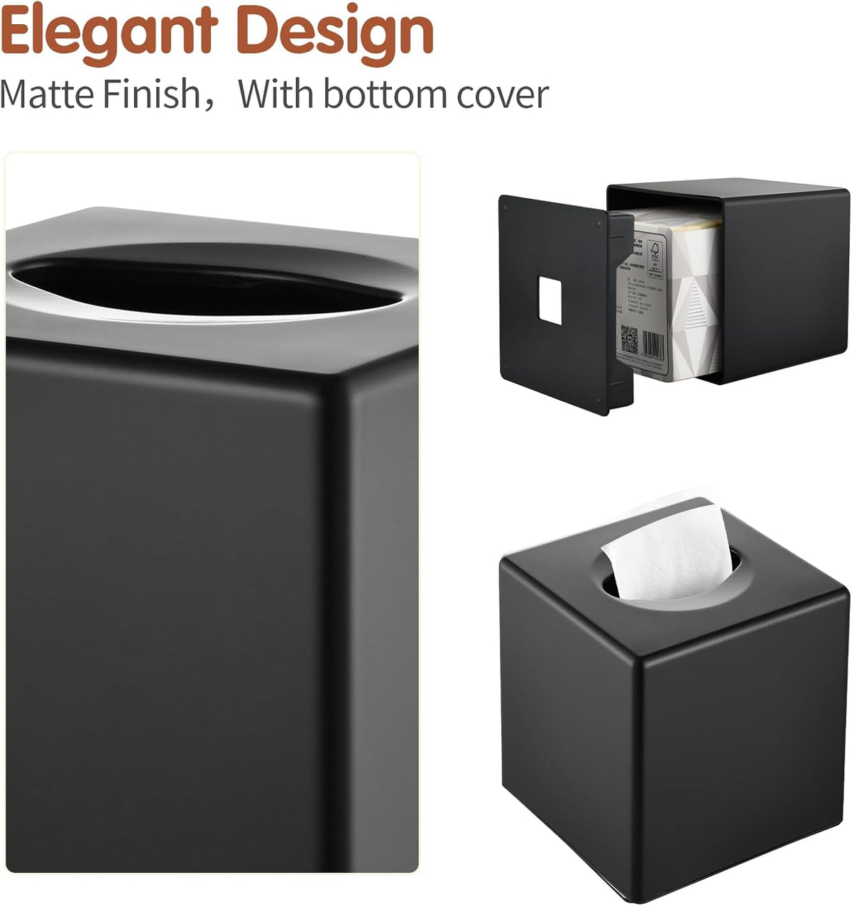 Y-in Hand Tissue Box Cover, Modern Decorative Square Facial Storage Tissue Box Holder, Home Accessories for Bathroom Vanity Countertops, Dressers, Night Stand, Parlors and Office - Matte Black