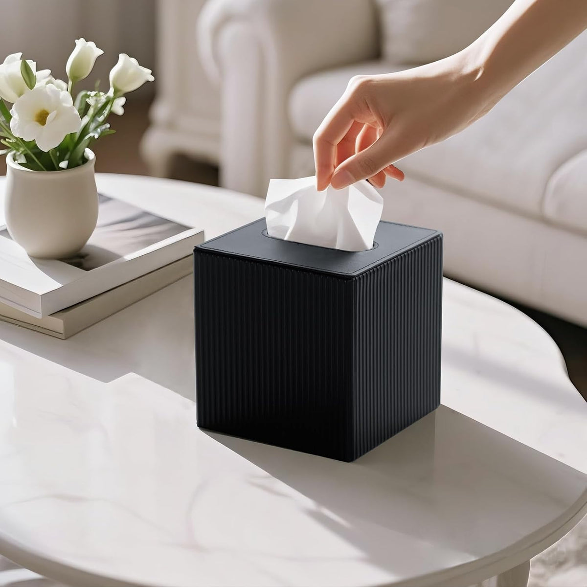 Mkono Tissue Box Cover, PU Leather Square Holder with Bottom, Black