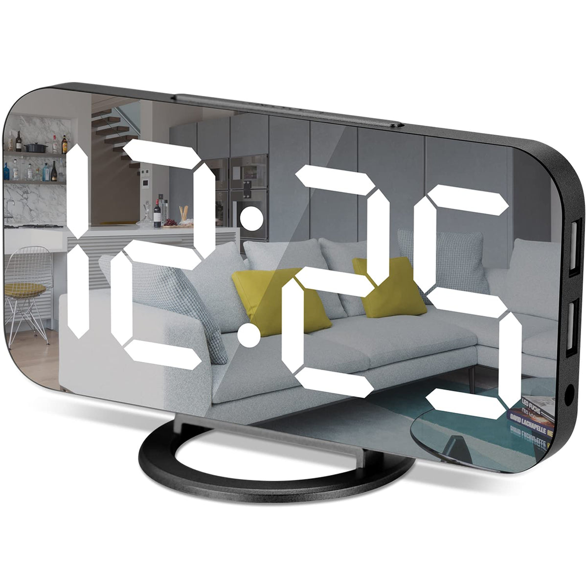 Digital Alarm Clock,7 in LED Mirrored Clocks Large Display,with 2 USB Charger Ports,Auto Dim,Night Mode,Modern Desktop Electronic Clocks for Bedroom Home Office Decor - Gold
