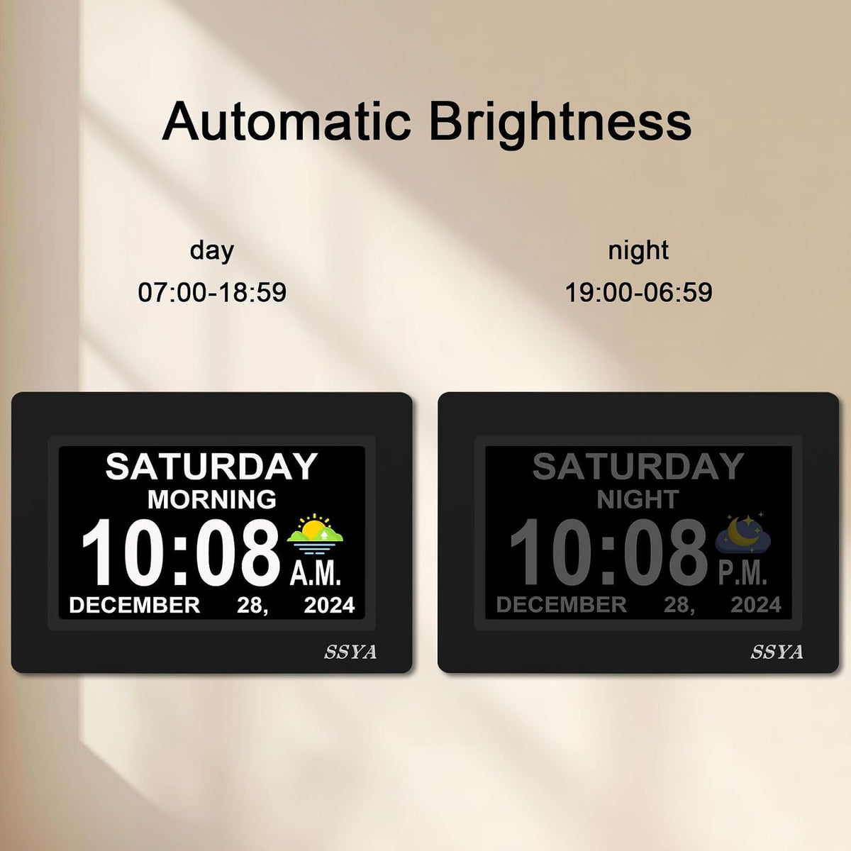 SSYA 7 Inch Calendar Clock - 12 Alarm Options, Level 5 Auto Dimmable Display,Extra Large Impaired Vision Digital Clock with Non-Abbreviated Day & Month (Black)