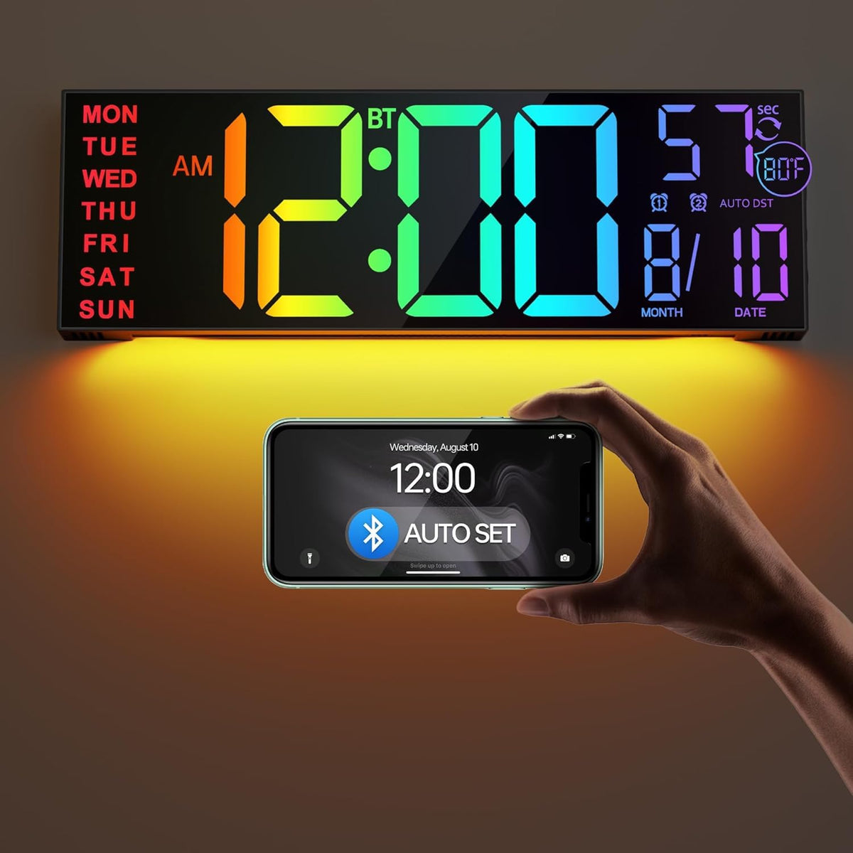 JALL 16.2" Large Digital Wall Clock with Bluetooth Sync for Classroom, RGB Digital Clock Large Display with Auto DST, Wall Clock for Bedroom Gym Office, Led Clock for Seniors (Black)