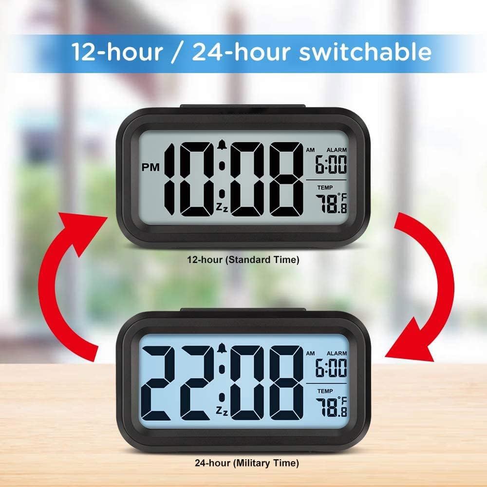 Lesipee Digital Alarm Clock, Clock for Bedroom, Desk Clock Battery Operated, Digital Clock with Smart Night Light 12/24H Display Snooze Function for Heavy Sleepers for Kids
