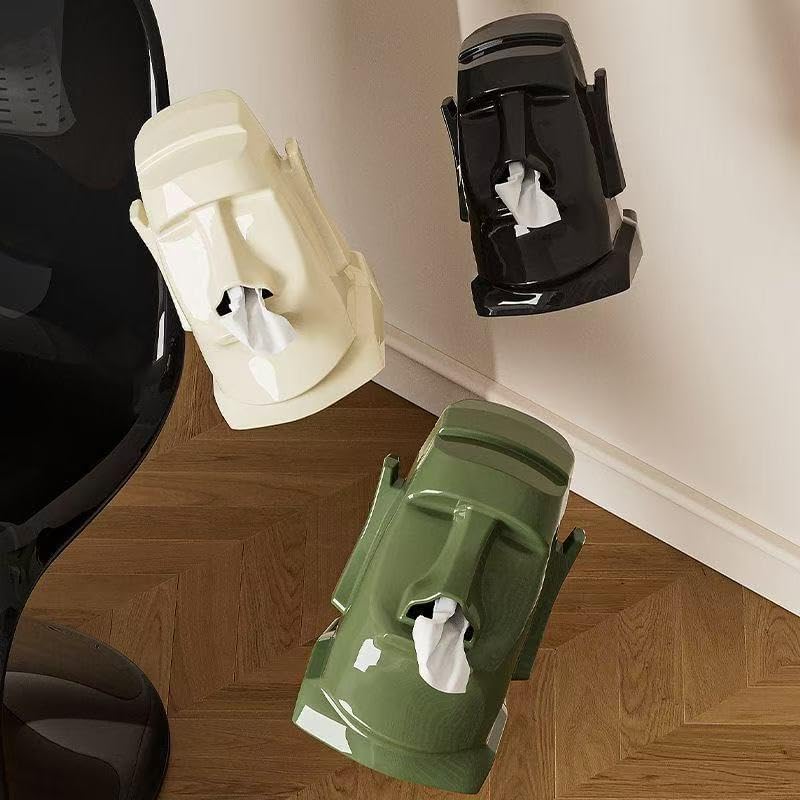 Creative Moai Tissue Box Holder with Headphone Holder, Suitable for Living Room, Bedroom and Other Desktop Storage Boxes, Green,Cream White, Black. (Medieval Green)