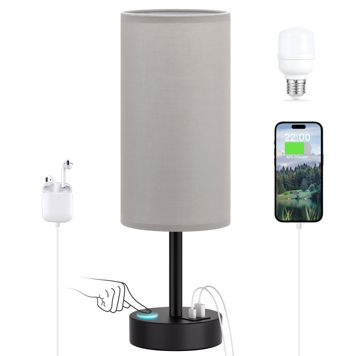Dicoool Bedside Table Lamp for Bedroom - 3-Way Dimmable Touch Lamp, USB A+C