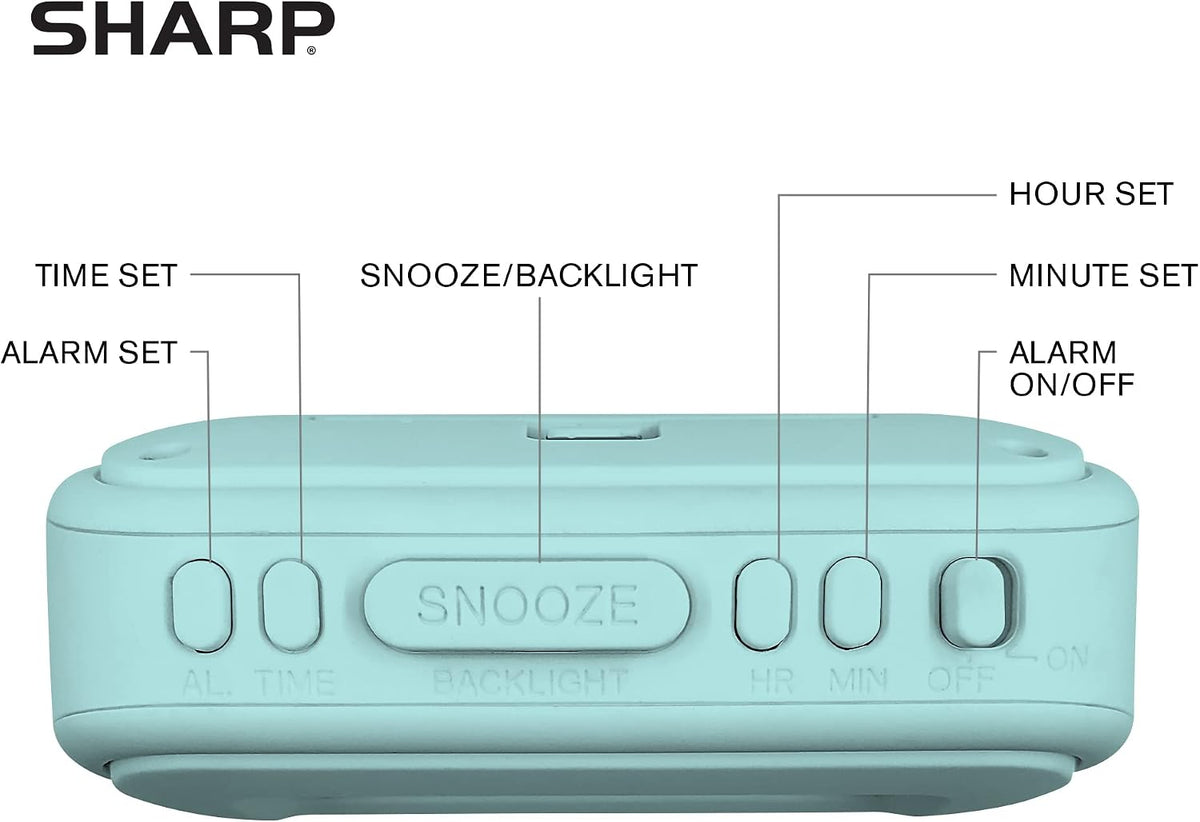 Sharp Battery Alarm Clock with Soft-Touch Case and Blue Backlight, Mint