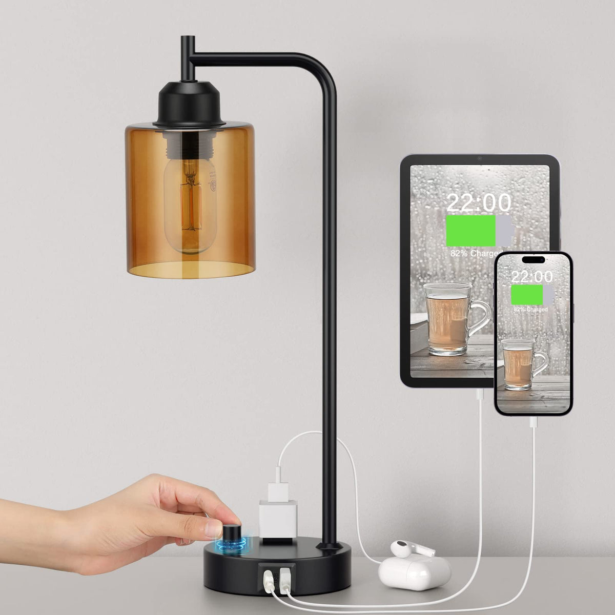 Innqoo Gold Lamp for Bedroom - Industrial Bedside Table Lamp with USB Port and Outlet, Fully Dimmable Nightstand Lamp with Opal Glass Shade, Small Desk Lamps for Home Office