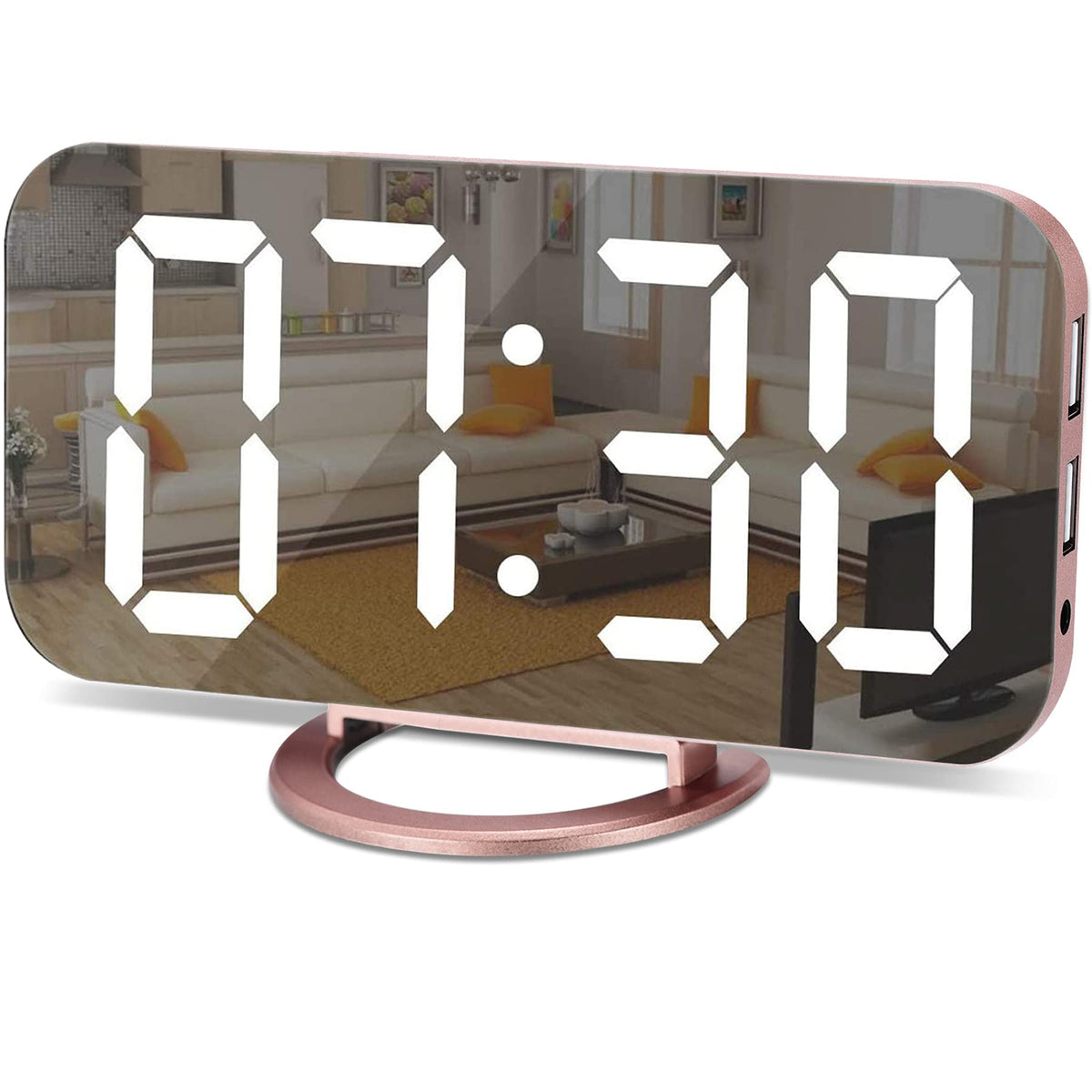 SZELAM Digital Alarm Clock,LED and Mirror Desk Clock Large Display,with Dual USB Charger Ports,3 Levels Brightness,12/24H,Modern Electronic Clock for Bedroom Home Living Room Office - Gold