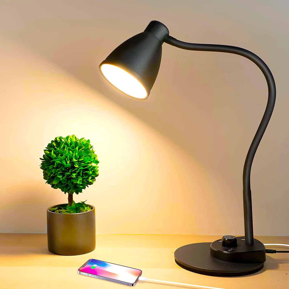 BOHON LED Desk Lamp with USB Charging Port, 3 Color Modes Dimmable, White