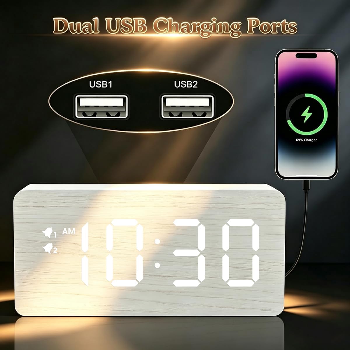 URAYCO Wooden Digital Alarm Clock, 10W Fast Wireless Charger Station & 2 USB Charging Ports, with 0~99% Dimmer, Dual Alarm, Weekday/Weekend Mode, Wood LED Clock for Bedroom, Desk, Office