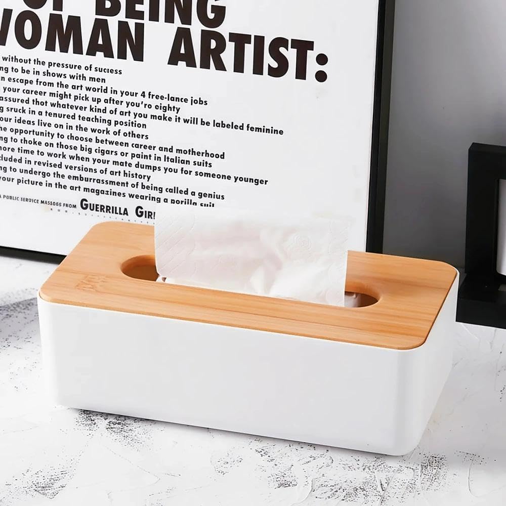 Tissue Box with Bamboo Cover, Plastic Tissue Organizer, Bathroom Tissue Dispenser for Home, Bedroom, Office, Living Room, 8.1 × 4.5 × 3.1 in (White)
