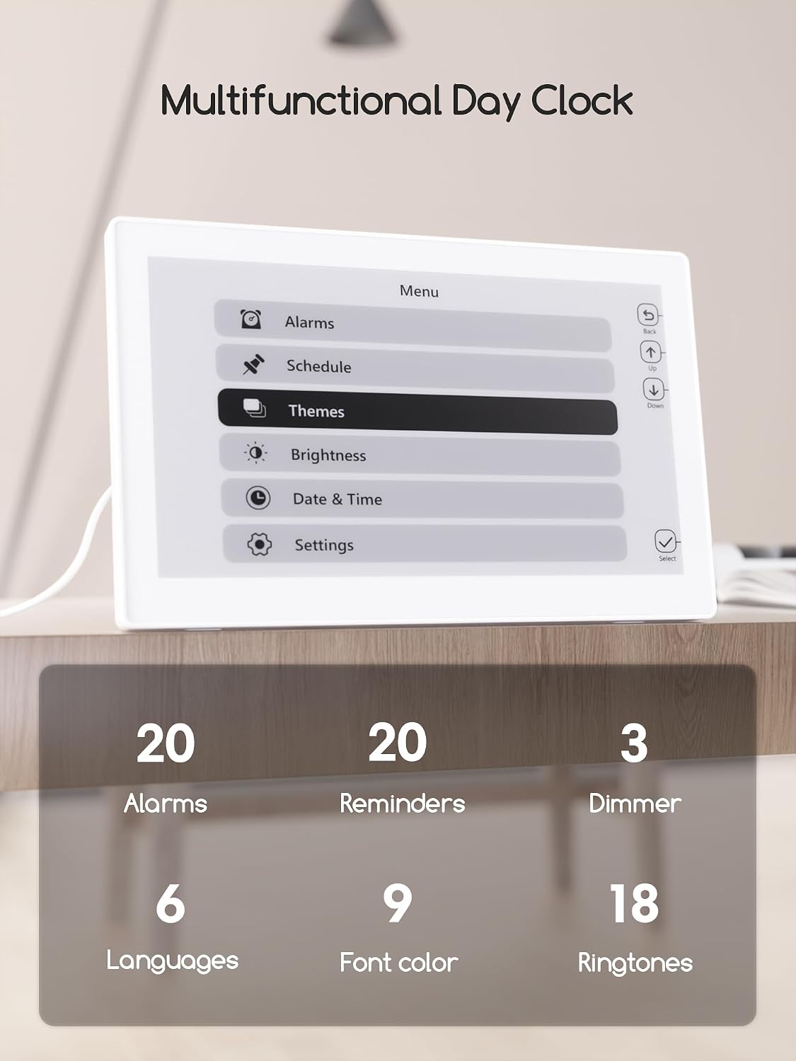 Raynic Digital Clock,10.1 Inch Large Display Calendar Clock with 12 Themes, 20 Alarms, 20 Reminders, Auto Dimming, 12/24 Hours for Seniors, Desk (White)