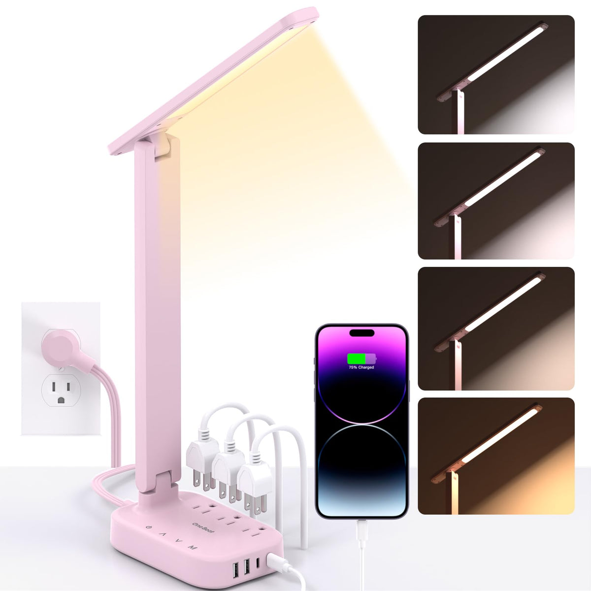 One Beat Small LED Desk Lamp Power Strip 5ft Extension Cord with 3 Outlets 4 USB Ports(2 USB C), 4 Modes, 5 Level Touch Lamp Study Reading Light, Home Office Bedroom College Dorm Room Essentials,White