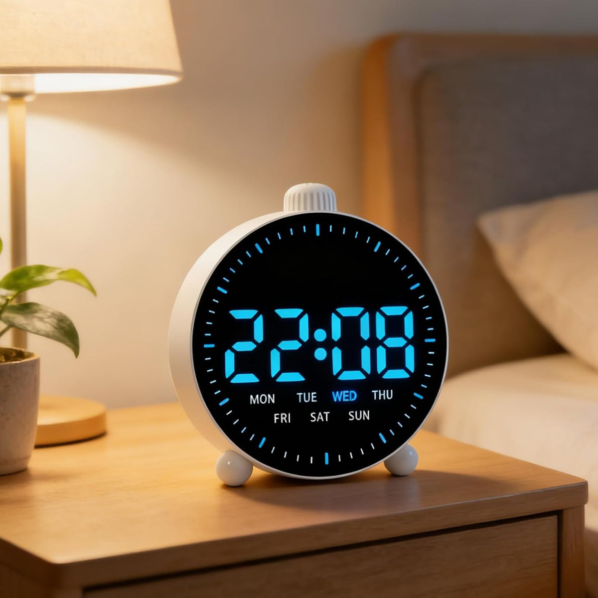 Maxspace 4.5inch Digital Alarm Clock with LED Display, Plug in or Battery Operated Silent No-Ticking Table Clock, Small Bedside Clock for Office/Mantle/Desktop (White - Blue Light)
